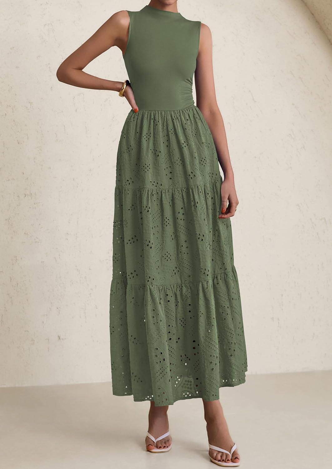 imagePRETTYGARDEN Summer Dresses for Women 2026 Casual Eyelet Sleeveless Wedding Guest Maxi Dress Tank Top Sundress with PocketsGreen