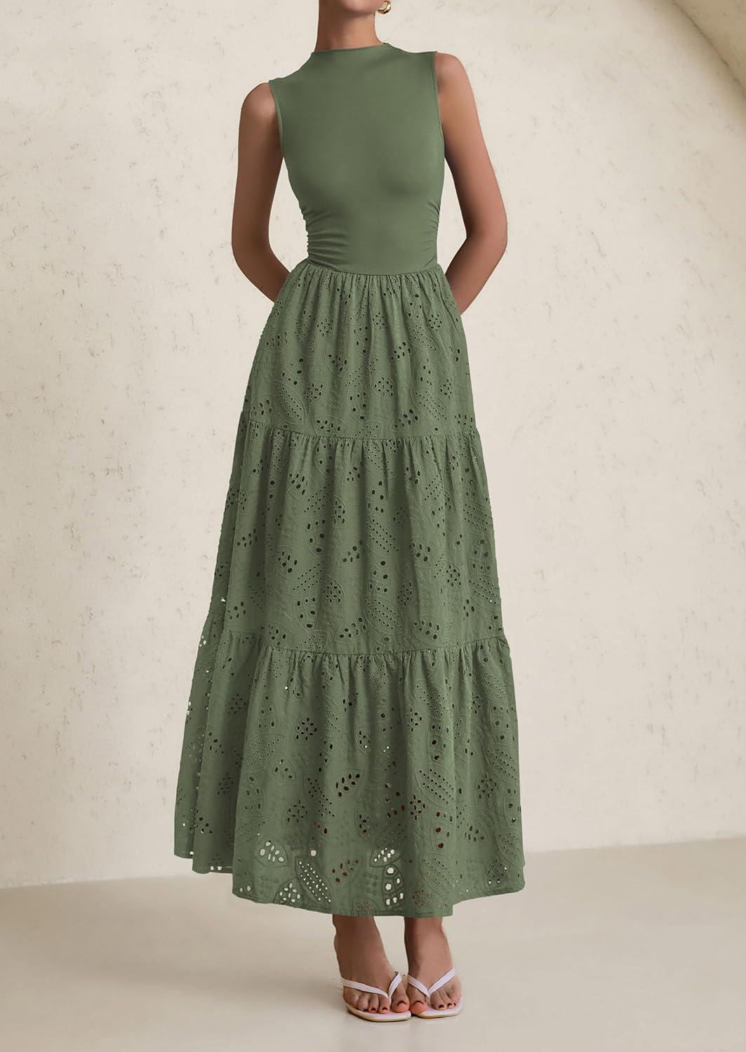 imagePRETTYGARDEN Summer Dresses for Women 2026 Casual Eyelet Sleeveless Wedding Guest Maxi Dress Tank Top Sundress with PocketsGreen