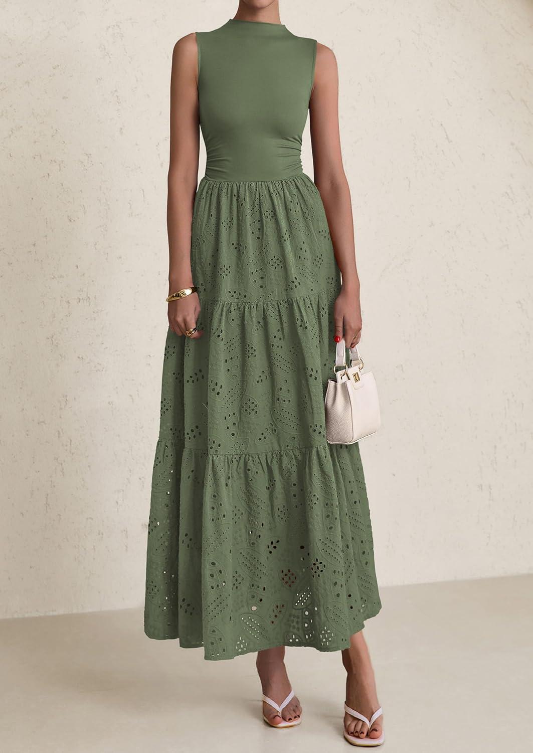 imagePRETTYGARDEN Summer Dresses for Women 2026 Casual Eyelet Sleeveless Wedding Guest Maxi Dress Tank Top Sundress with PocketsGreen