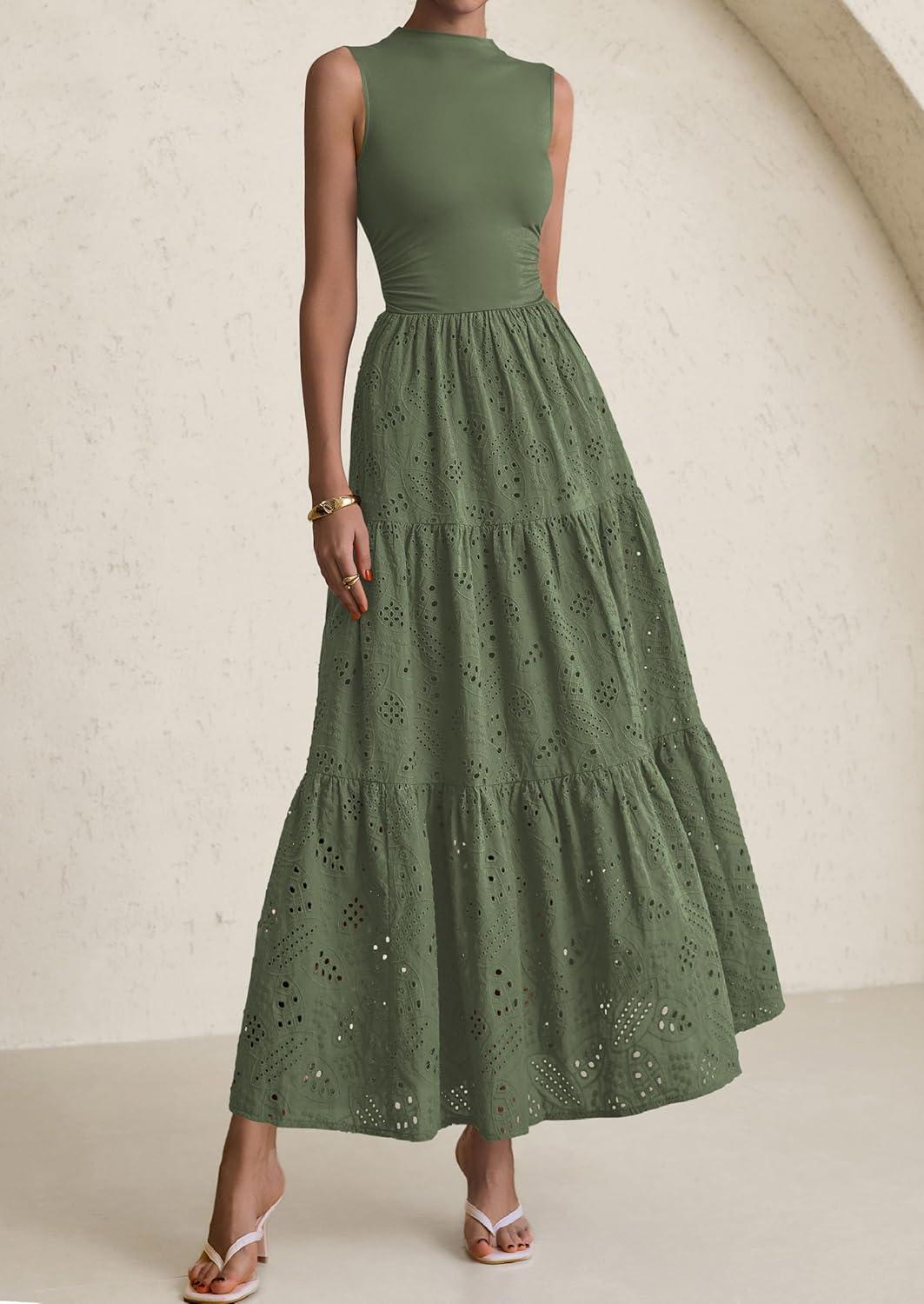 imagePRETTYGARDEN Summer Dresses for Women 2026 Casual Eyelet Sleeveless Wedding Guest Maxi Dress Tank Top Sundress with PocketsGreen