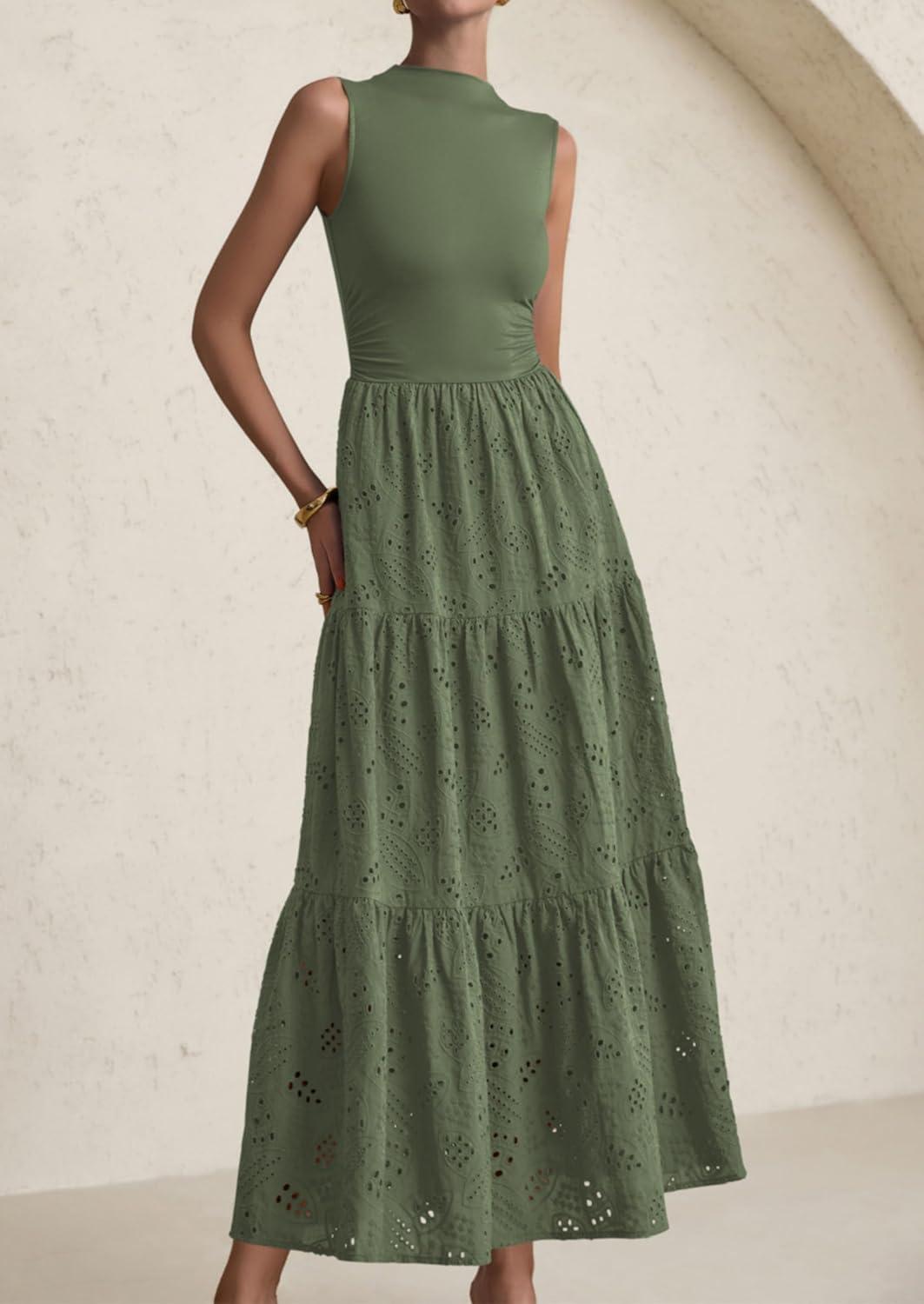 imagePRETTYGARDEN Summer Dresses for Women 2026 Casual Eyelet Sleeveless Wedding Guest Maxi Dress Tank Top Sundress with PocketsGreen