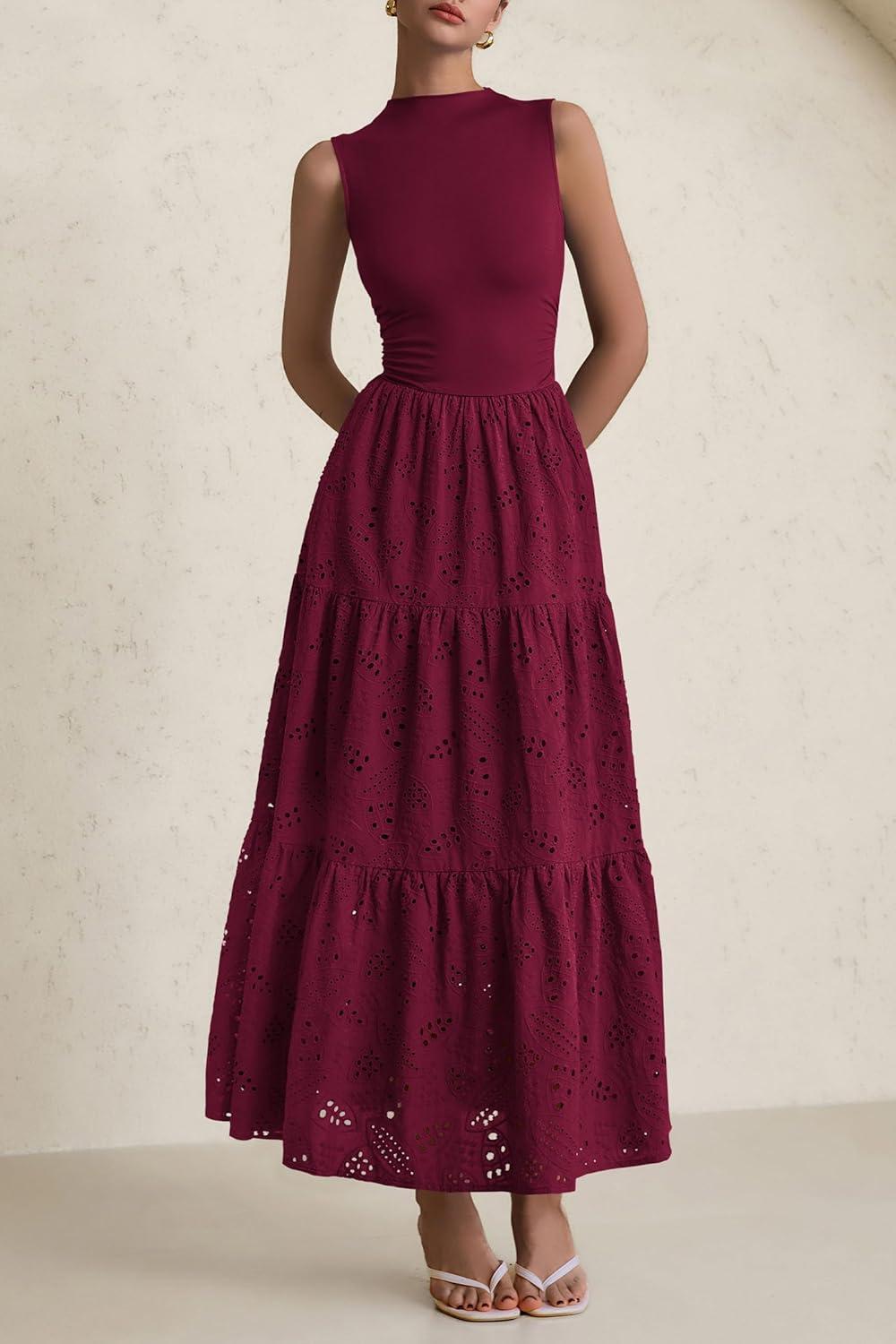 imagePRETTYGARDEN Summer Dresses for Women 2026 Casual Eyelet Sleeveless Wedding Guest Maxi Dress Tank Top Sundress with PocketsJujube Red