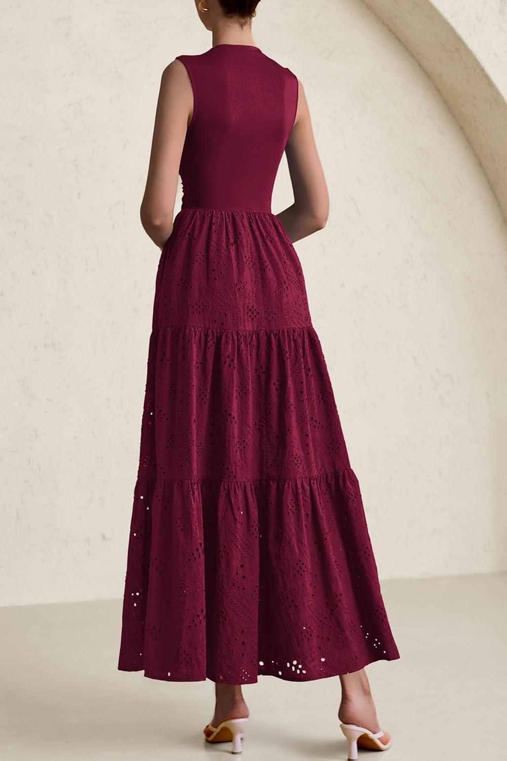 imagePRETTYGARDEN Summer Dresses for Women 2026 Casual Eyelet Sleeveless Wedding Guest Maxi Dress Tank Top Sundress with PocketsJujube Red