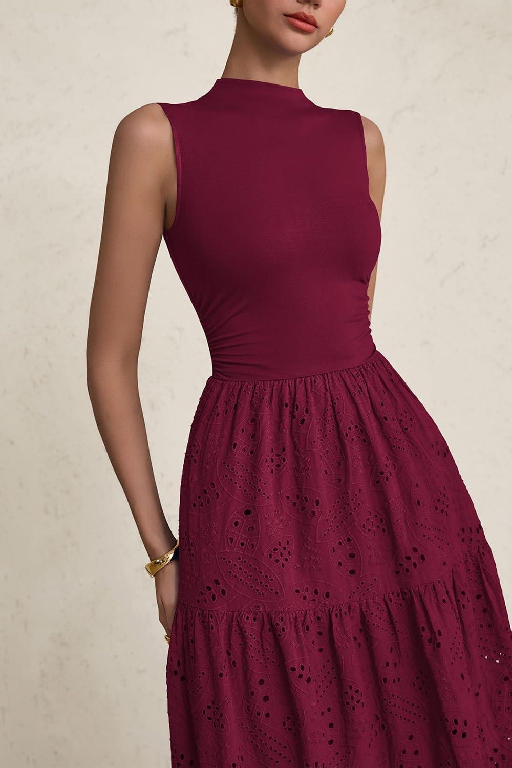 imagePRETTYGARDEN Summer Dresses for Women 2026 Casual Eyelet Sleeveless Wedding Guest Maxi Dress Tank Top Sundress with PocketsJujube Red