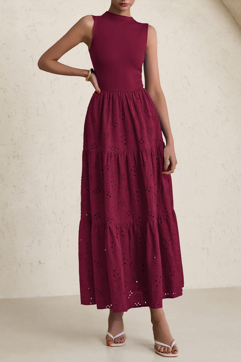 imagePRETTYGARDEN Summer Dresses for Women 2026 Casual Eyelet Sleeveless Wedding Guest Maxi Dress Tank Top Sundress with PocketsJujube Red