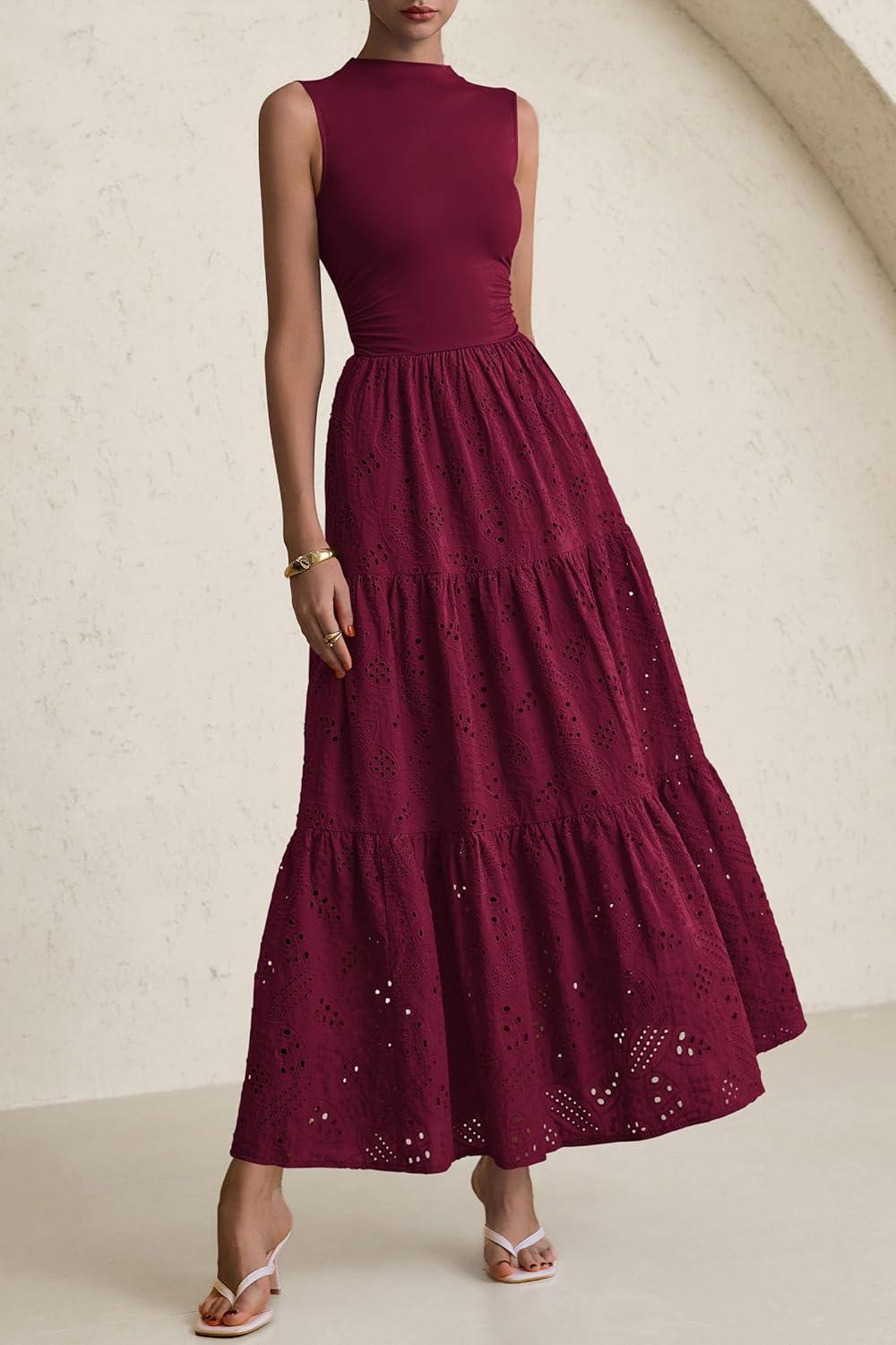 imagePRETTYGARDEN Summer Dresses for Women 2026 Casual Eyelet Sleeveless Wedding Guest Maxi Dress Tank Top Sundress with PocketsJujube Red