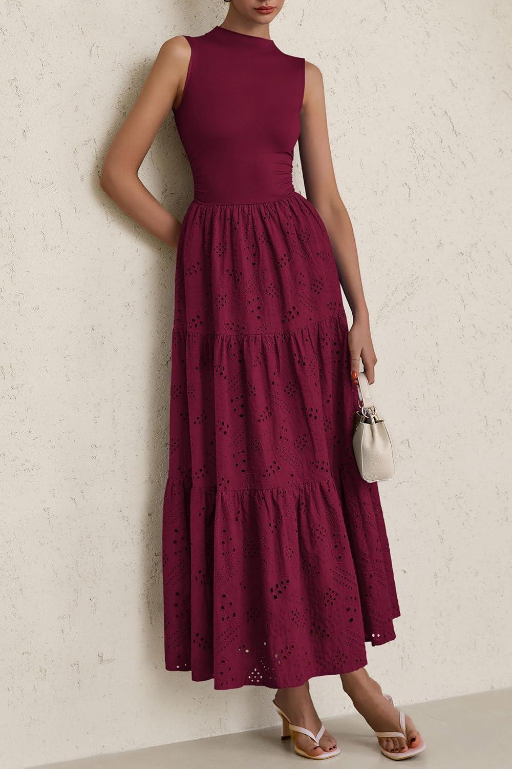 imagePRETTYGARDEN Summer Dresses for Women 2026 Casual Eyelet Sleeveless Wedding Guest Maxi Dress Tank Top Sundress with PocketsJujube Red