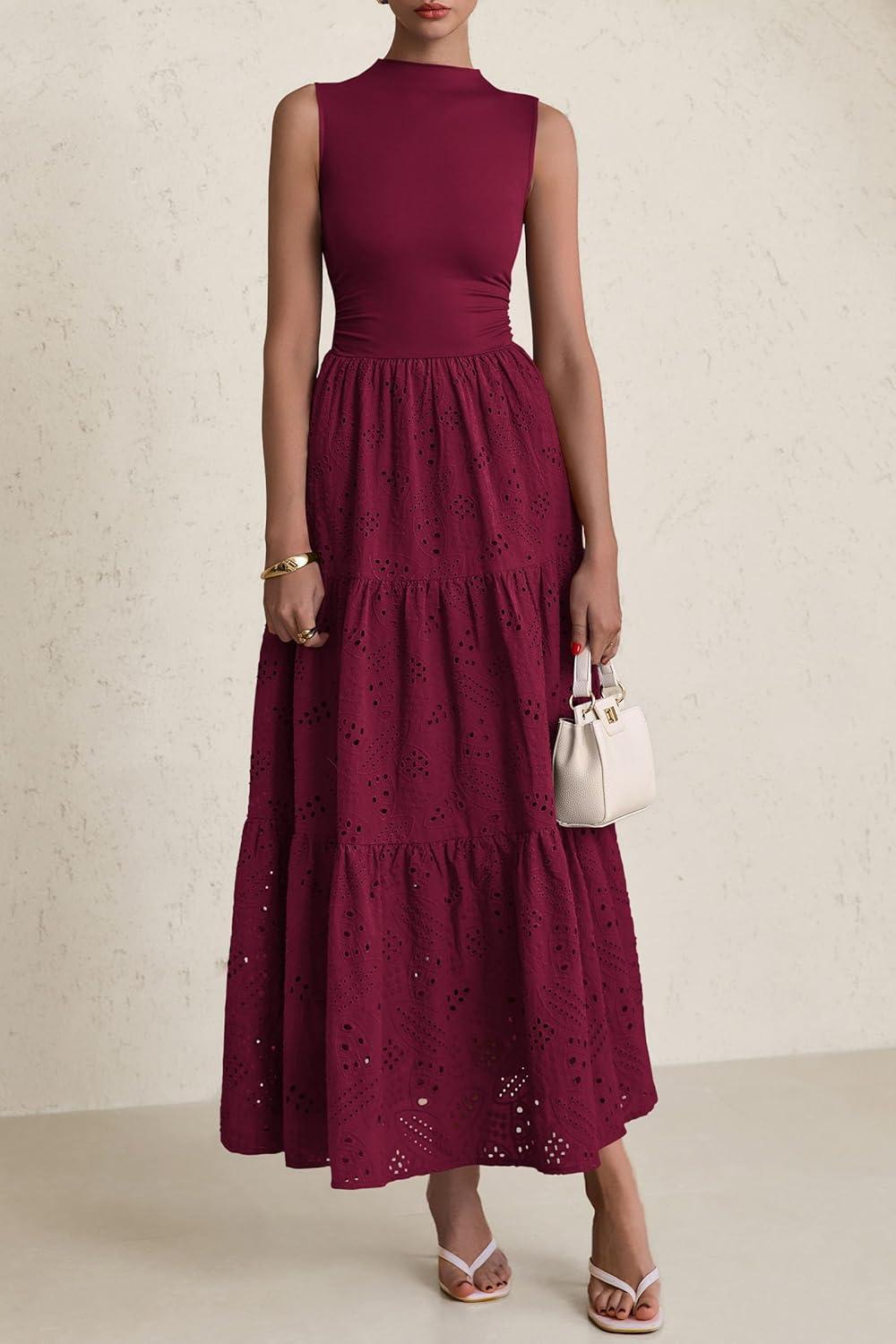 imagePRETTYGARDEN Summer Dresses for Women 2026 Casual Eyelet Sleeveless Wedding Guest Maxi Dress Tank Top Sundress with PocketsJujube Red