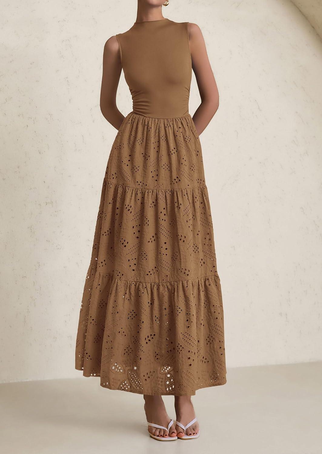 imagePRETTYGARDEN Summer Dresses for Women 2026 Casual Eyelet Sleeveless Wedding Guest Maxi Dress Tank Top Sundress with PocketsKhaki