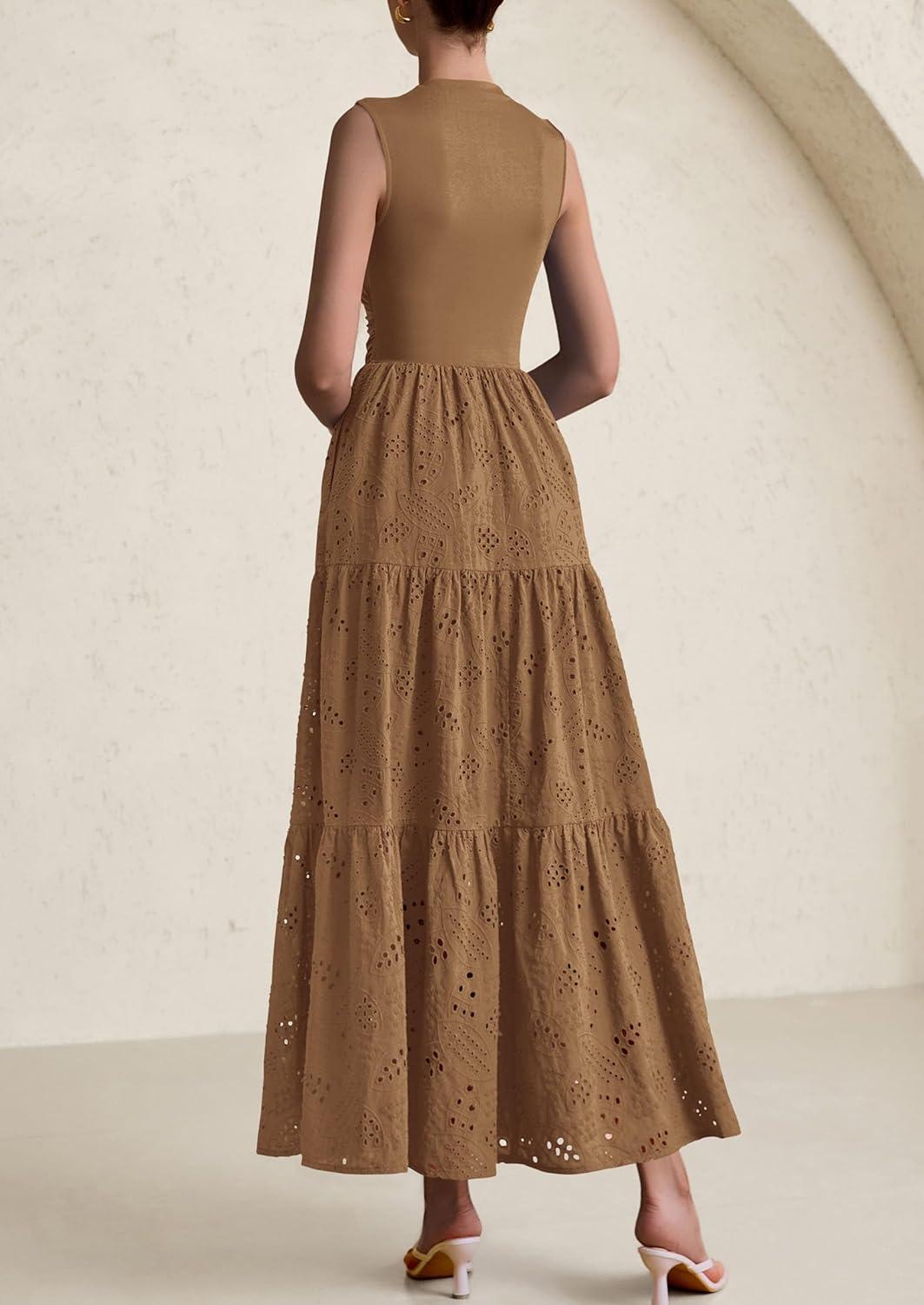 imagePRETTYGARDEN Summer Dresses for Women 2026 Casual Eyelet Sleeveless Wedding Guest Maxi Dress Tank Top Sundress with PocketsKhaki