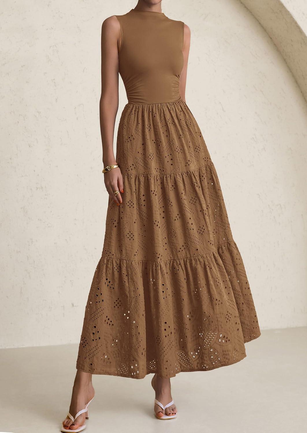 imagePRETTYGARDEN Summer Dresses for Women 2026 Casual Eyelet Sleeveless Wedding Guest Maxi Dress Tank Top Sundress with PocketsKhaki