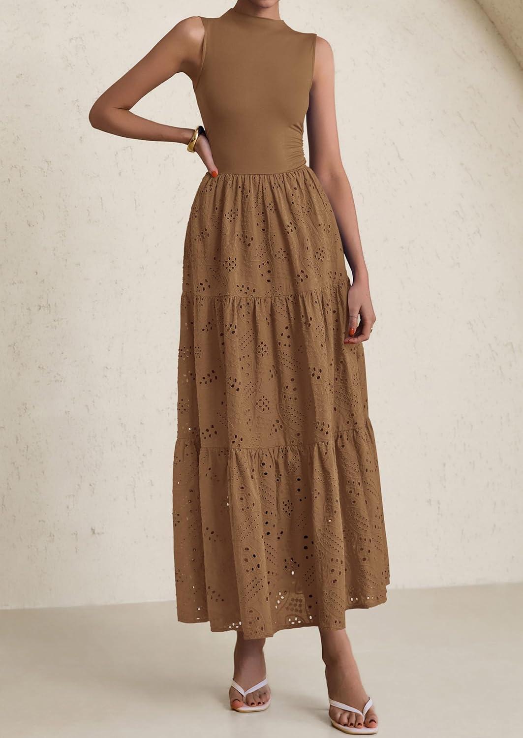imagePRETTYGARDEN Summer Dresses for Women 2026 Casual Eyelet Sleeveless Wedding Guest Maxi Dress Tank Top Sundress with PocketsKhaki