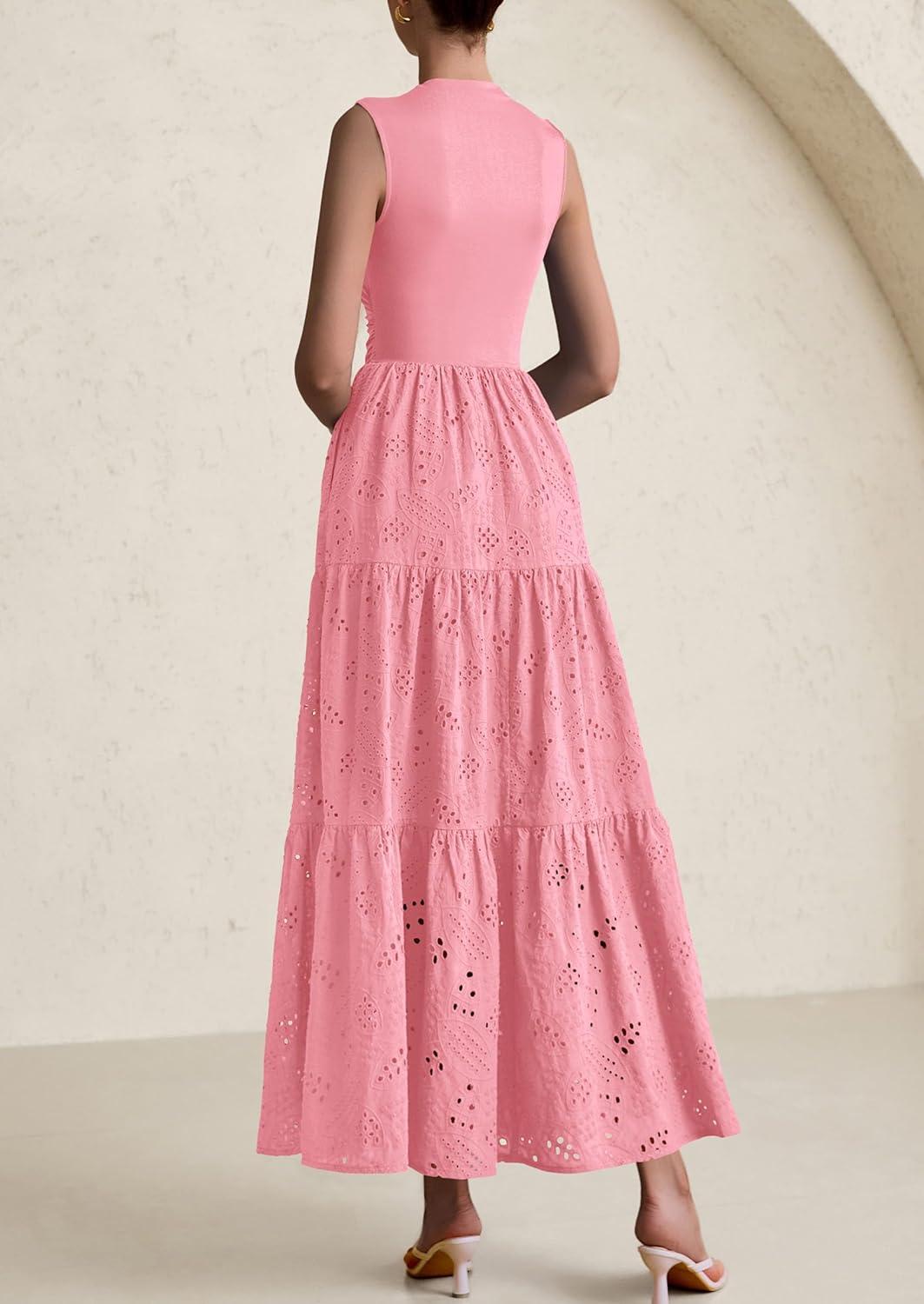 imagePRETTYGARDEN Summer Dresses for Women 2026 Casual Eyelet Sleeveless Wedding Guest Maxi Dress Tank Top Sundress with PocketsPink