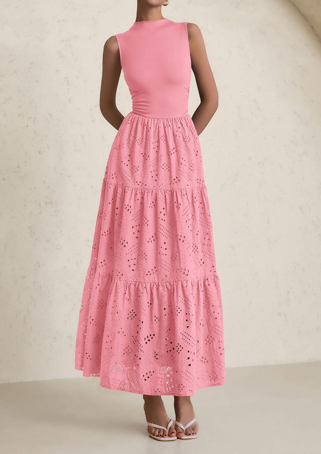 imagePRETTYGARDEN Summer Dresses for Women 2026 Casual Eyelet Sleeveless Wedding Guest Maxi Dress Tank Top Sundress with PocketsPink