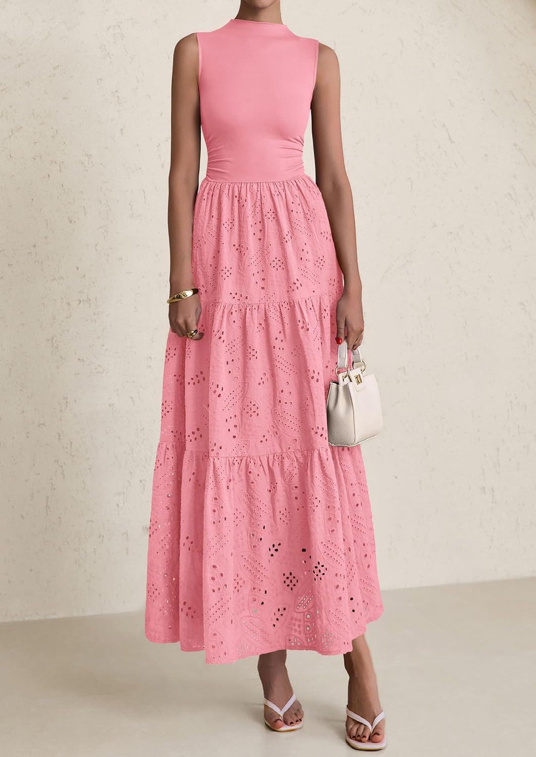 imagePRETTYGARDEN Summer Dresses for Women 2026 Casual Eyelet Sleeveless Wedding Guest Maxi Dress Tank Top Sundress with PocketsPink
