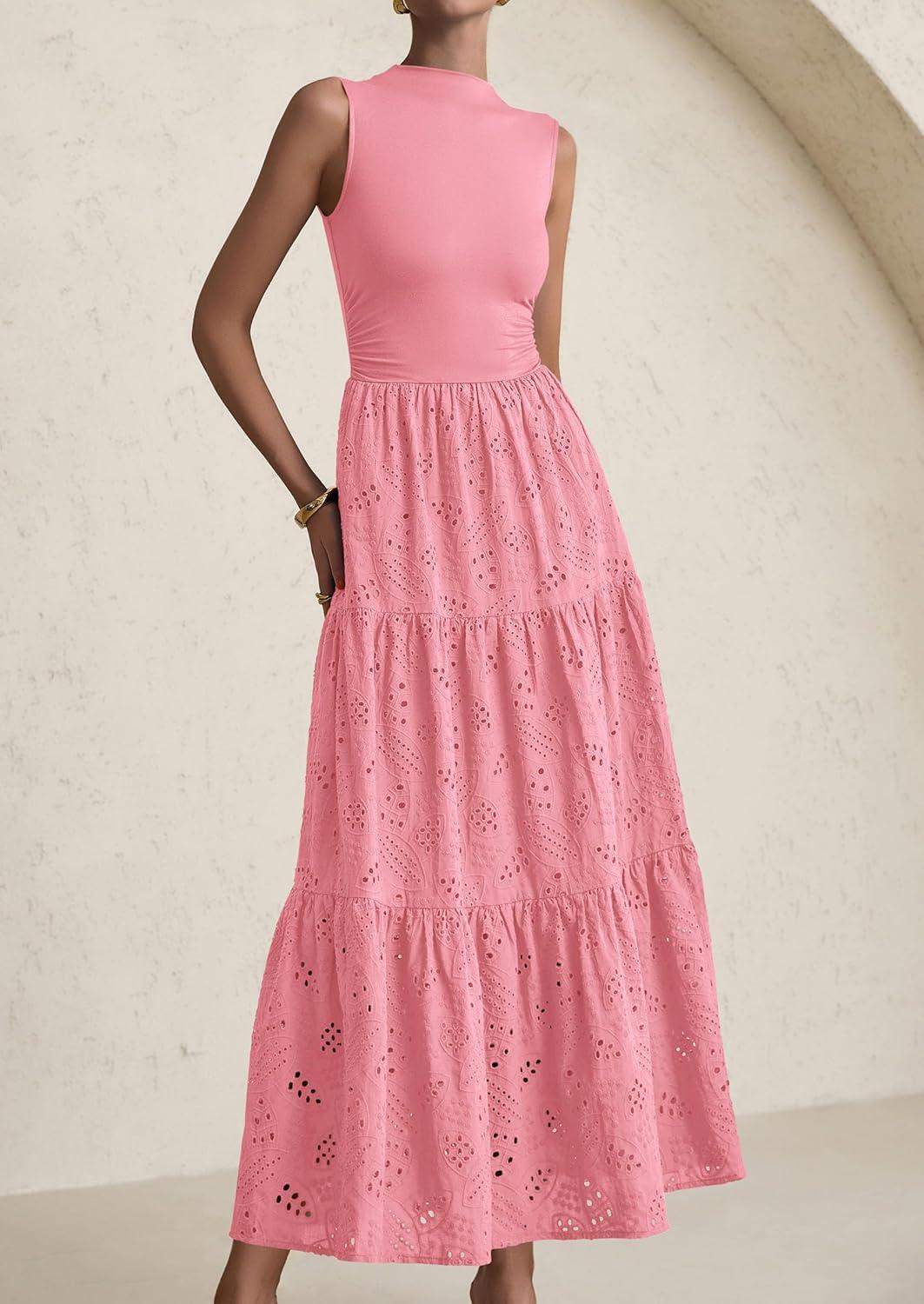 imagePRETTYGARDEN Summer Dresses for Women 2026 Casual Eyelet Sleeveless Wedding Guest Maxi Dress Tank Top Sundress with PocketsPink