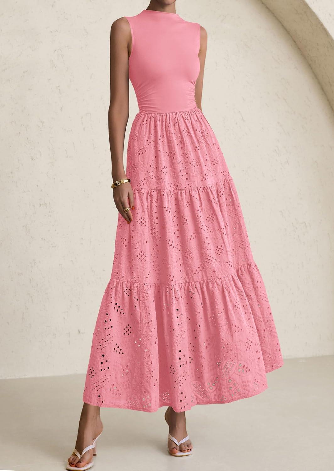 imagePRETTYGARDEN Summer Dresses for Women 2026 Casual Eyelet Sleeveless Wedding Guest Maxi Dress Tank Top Sundress with PocketsPink