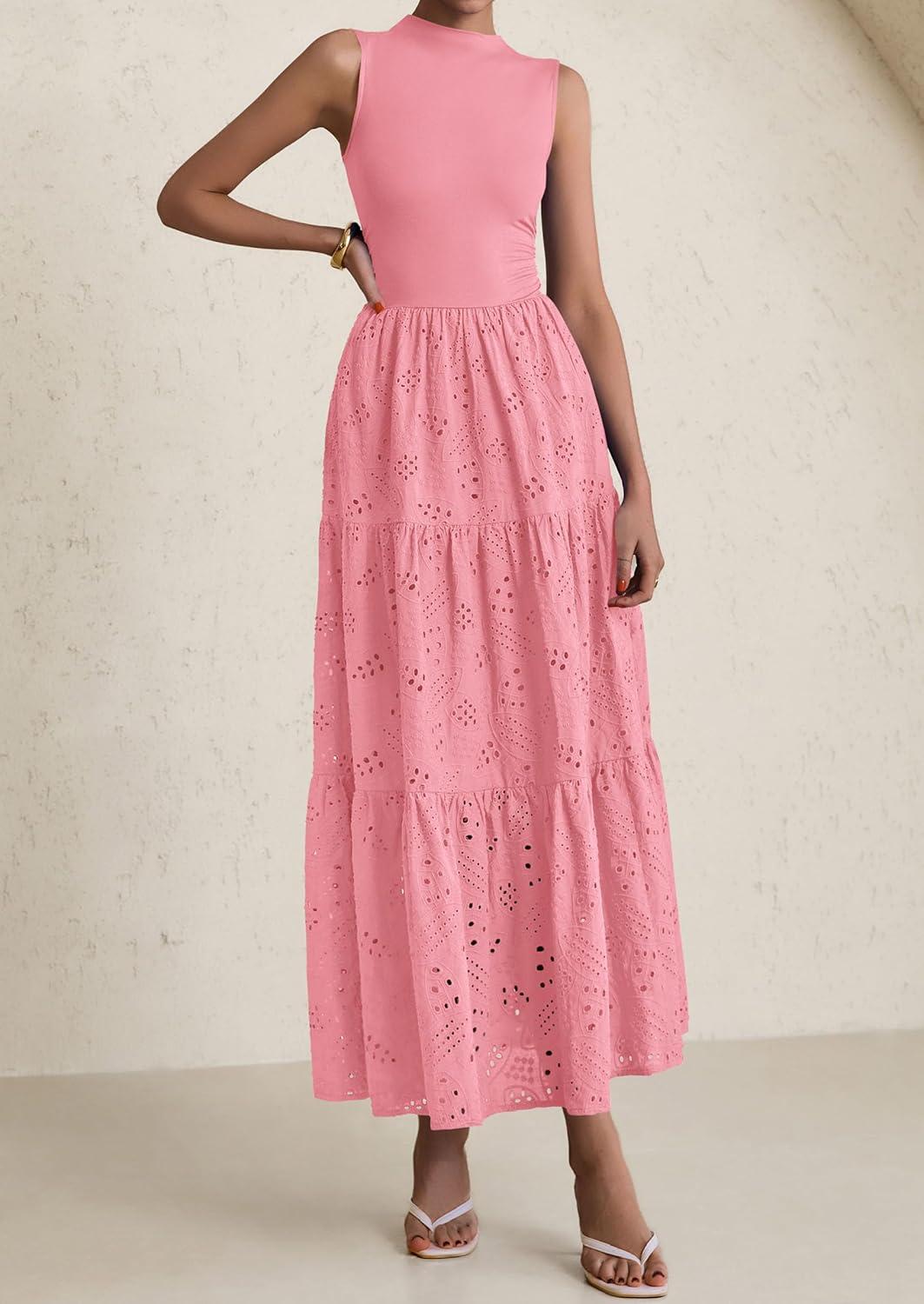 imagePRETTYGARDEN Summer Dresses for Women 2026 Casual Eyelet Sleeveless Wedding Guest Maxi Dress Tank Top Sundress with PocketsPink