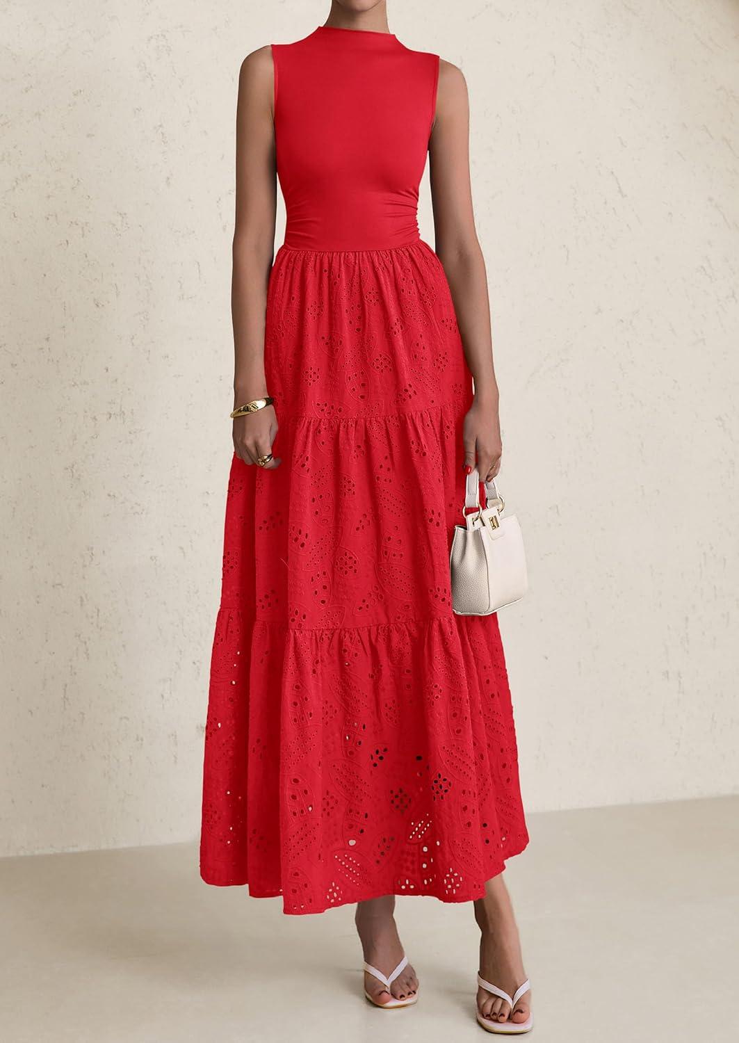 imagePRETTYGARDEN Summer Dresses for Women 2026 Casual Eyelet Sleeveless Wedding Guest Maxi Dress Tank Top Sundress with PocketsRed