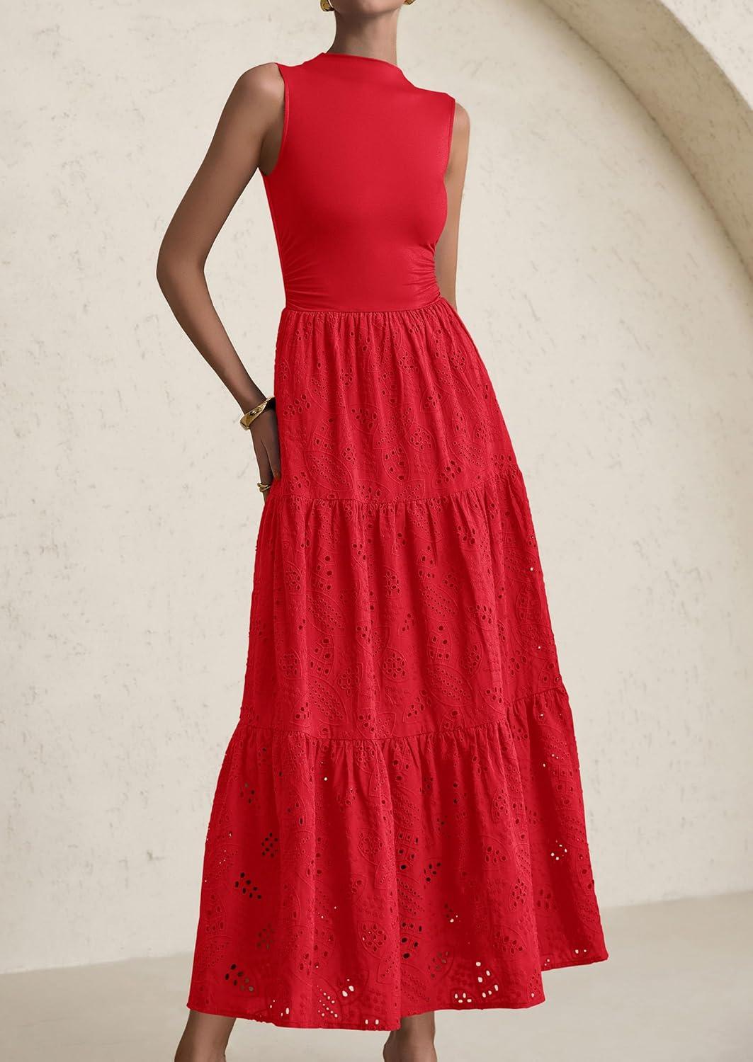 imagePRETTYGARDEN Summer Dresses for Women 2026 Casual Eyelet Sleeveless Wedding Guest Maxi Dress Tank Top Sundress with PocketsRed