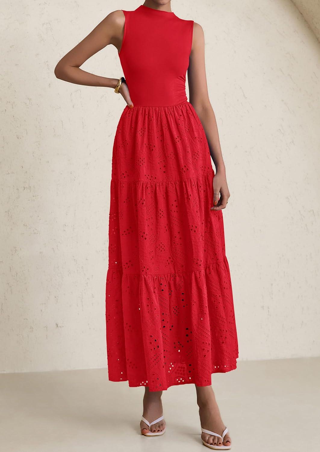imagePRETTYGARDEN Summer Dresses for Women 2026 Casual Eyelet Sleeveless Wedding Guest Maxi Dress Tank Top Sundress with PocketsRed