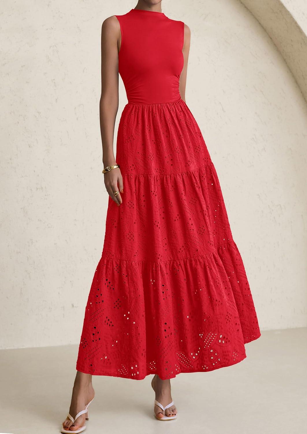 imagePRETTYGARDEN Summer Dresses for Women 2026 Casual Eyelet Sleeveless Wedding Guest Maxi Dress Tank Top Sundress with PocketsRed