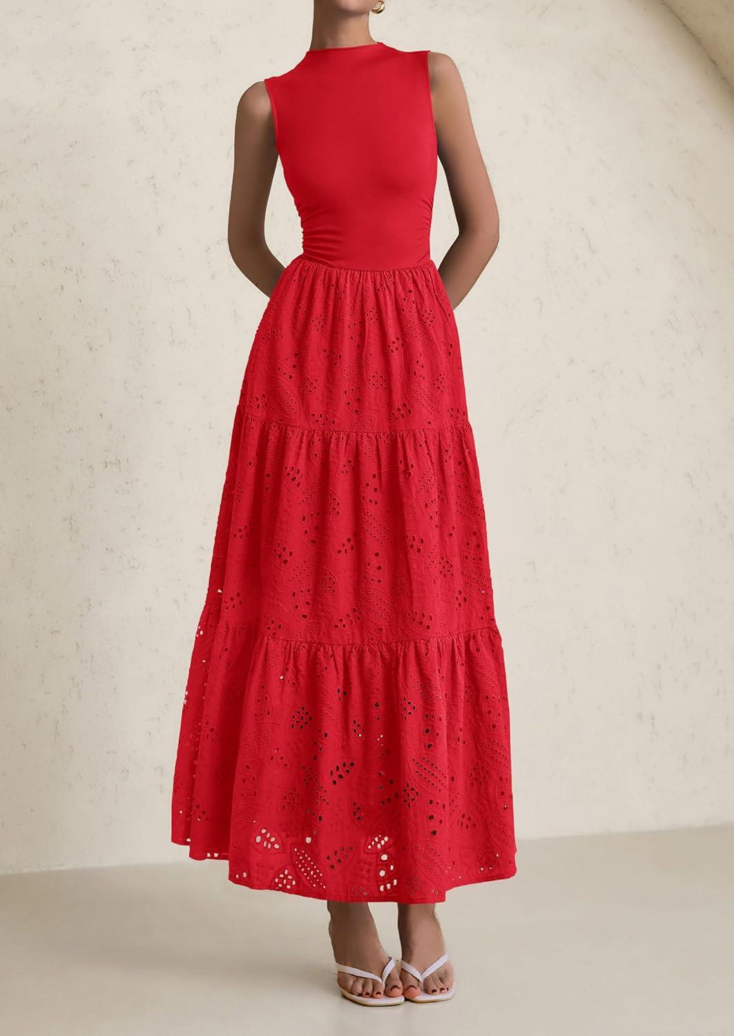 imagePRETTYGARDEN Summer Dresses for Women 2026 Casual Eyelet Sleeveless Wedding Guest Maxi Dress Tank Top Sundress with PocketsRed