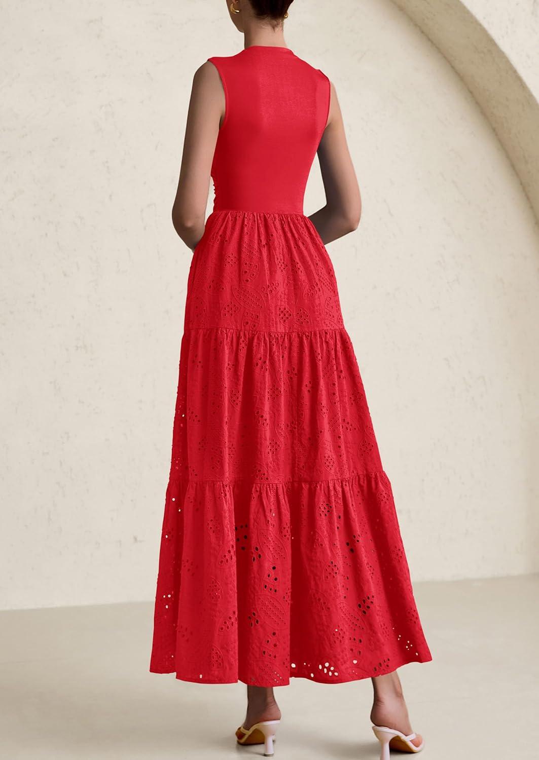 imagePRETTYGARDEN Summer Dresses for Women 2026 Casual Eyelet Sleeveless Wedding Guest Maxi Dress Tank Top Sundress with PocketsRed