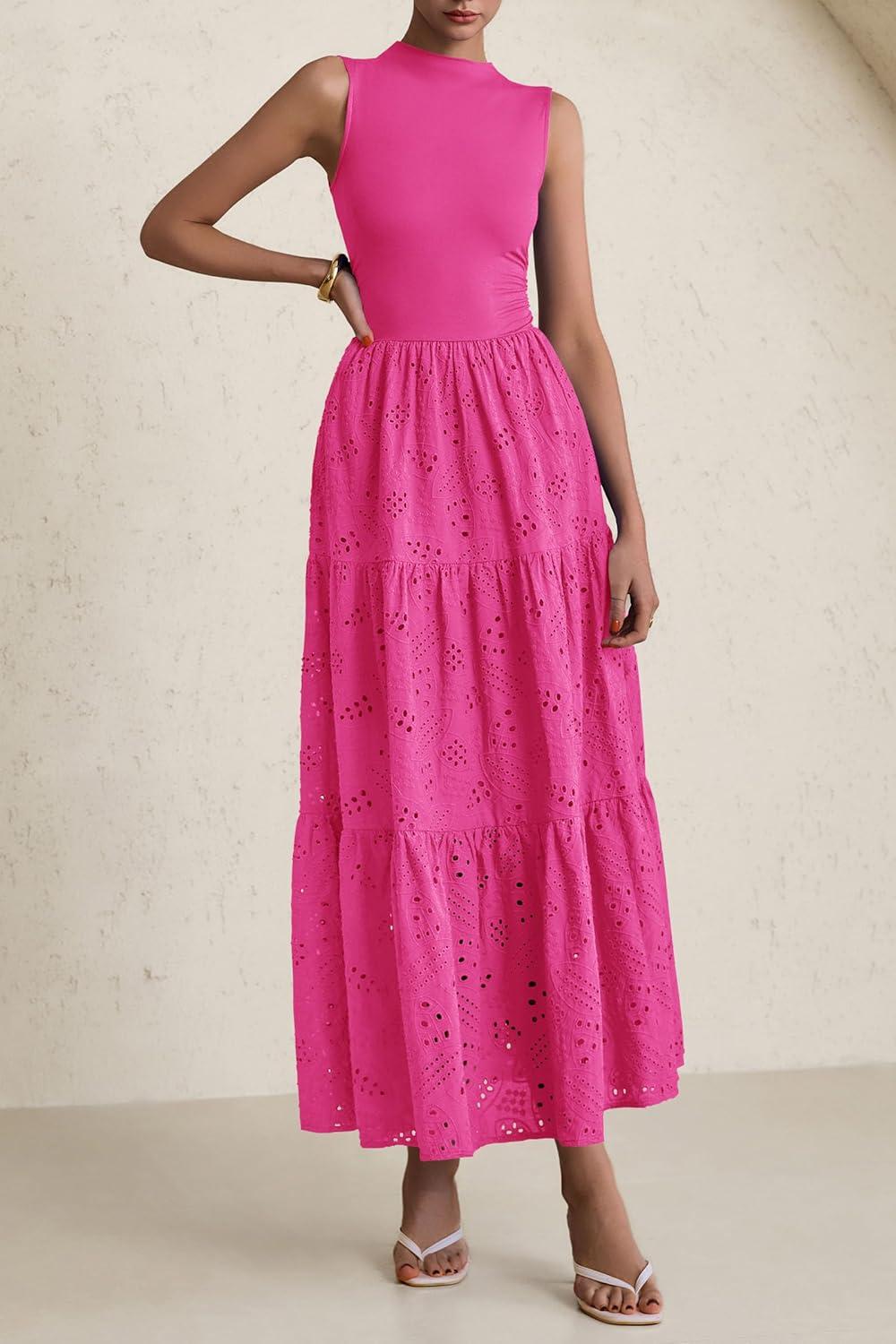 imagePRETTYGARDEN Summer Dresses for Women 2026 Casual Eyelet Sleeveless Wedding Guest Maxi Dress Tank Top Sundress with PocketsRose Red