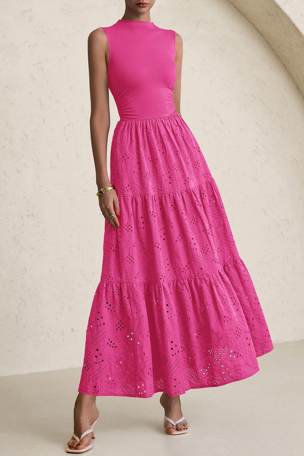 imagePRETTYGARDEN Summer Dresses for Women 2026 Casual Eyelet Sleeveless Wedding Guest Maxi Dress Tank Top Sundress with PocketsRose Red