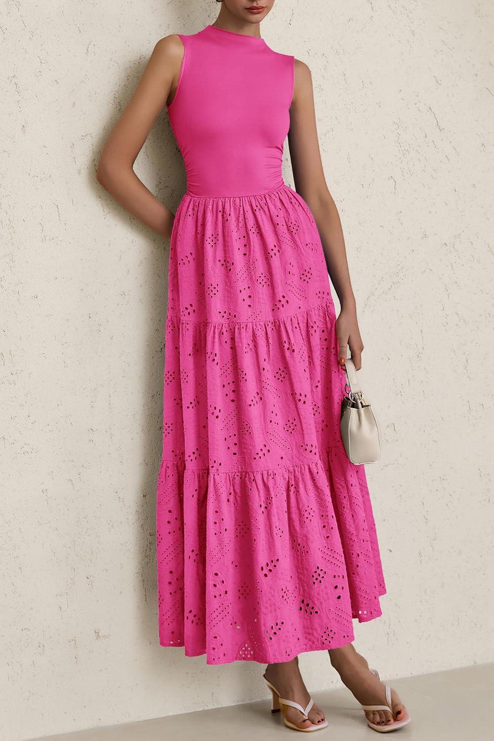imagePRETTYGARDEN Summer Dresses for Women 2026 Casual Eyelet Sleeveless Wedding Guest Maxi Dress Tank Top Sundress with PocketsRose Red