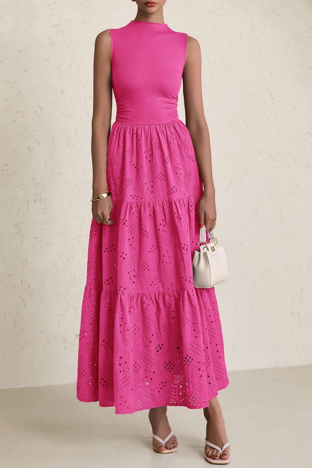 imagePRETTYGARDEN Summer Dresses for Women 2026 Casual Eyelet Sleeveless Wedding Guest Maxi Dress Tank Top Sundress with PocketsRose Red