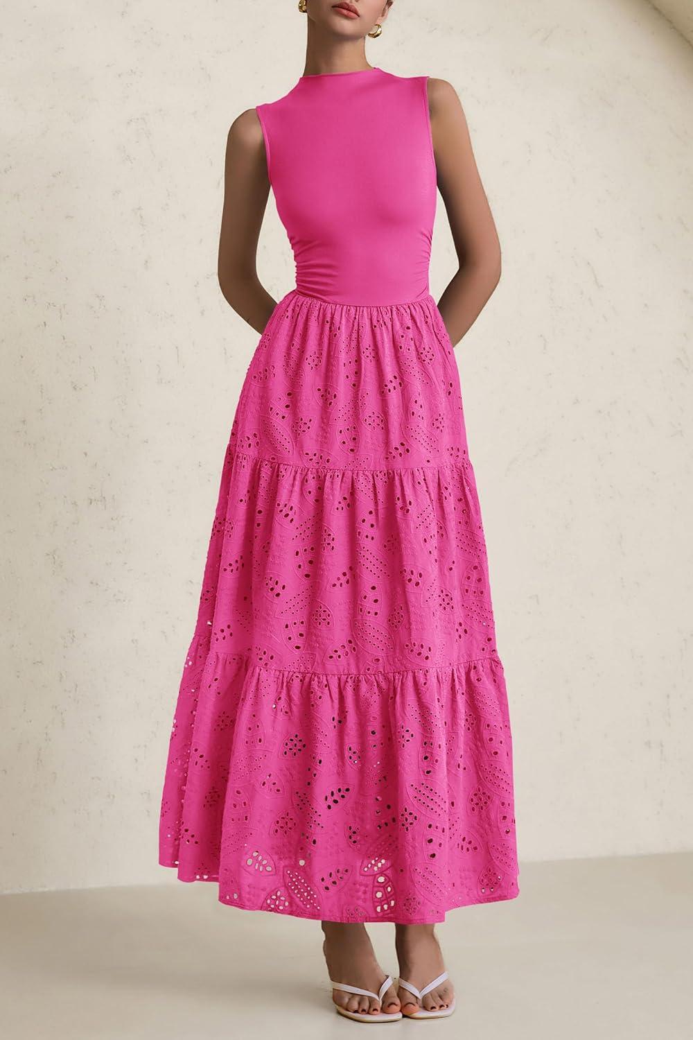 imagePRETTYGARDEN Summer Dresses for Women 2026 Casual Eyelet Sleeveless Wedding Guest Maxi Dress Tank Top Sundress with PocketsRose Red