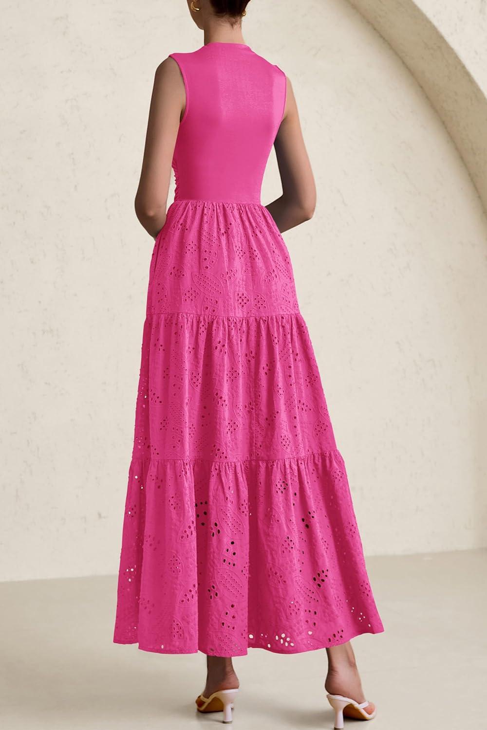 imagePRETTYGARDEN Summer Dresses for Women 2026 Casual Eyelet Sleeveless Wedding Guest Maxi Dress Tank Top Sundress with PocketsRose Red