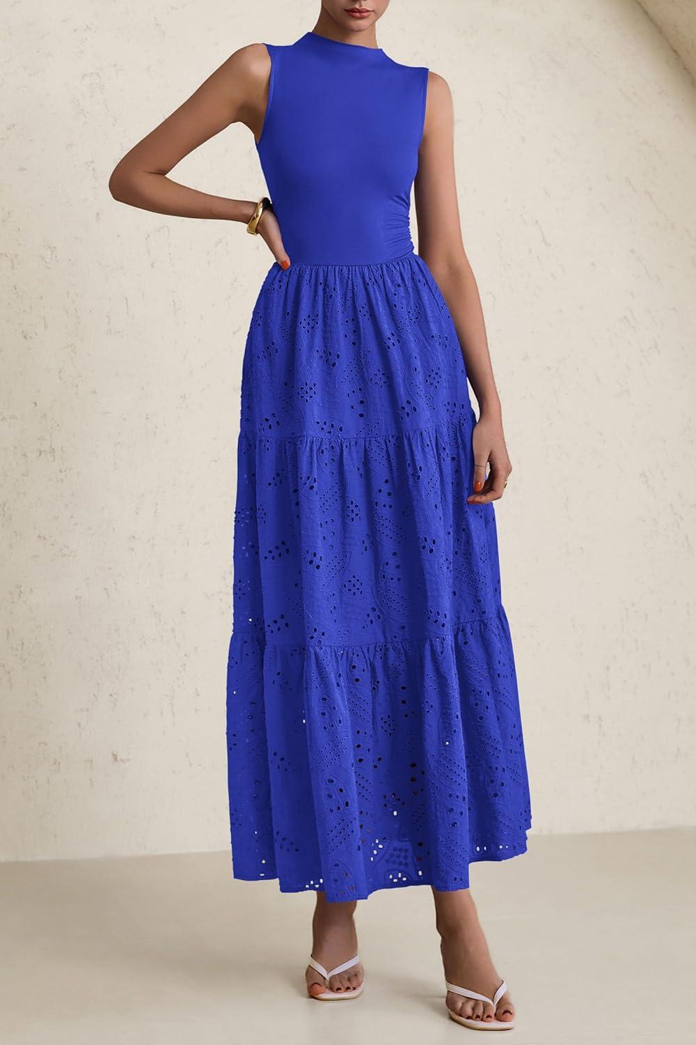imagePRETTYGARDEN Summer Dresses for Women 2026 Casual Eyelet Sleeveless Wedding Guest Maxi Dress Tank Top Sundress with PocketsRoyal Blue