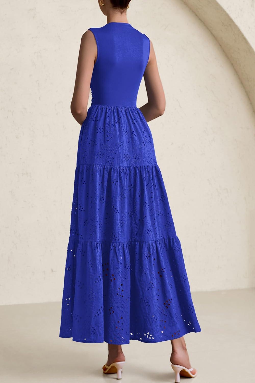 imagePRETTYGARDEN Summer Dresses for Women 2026 Casual Eyelet Sleeveless Wedding Guest Maxi Dress Tank Top Sundress with PocketsRoyal Blue