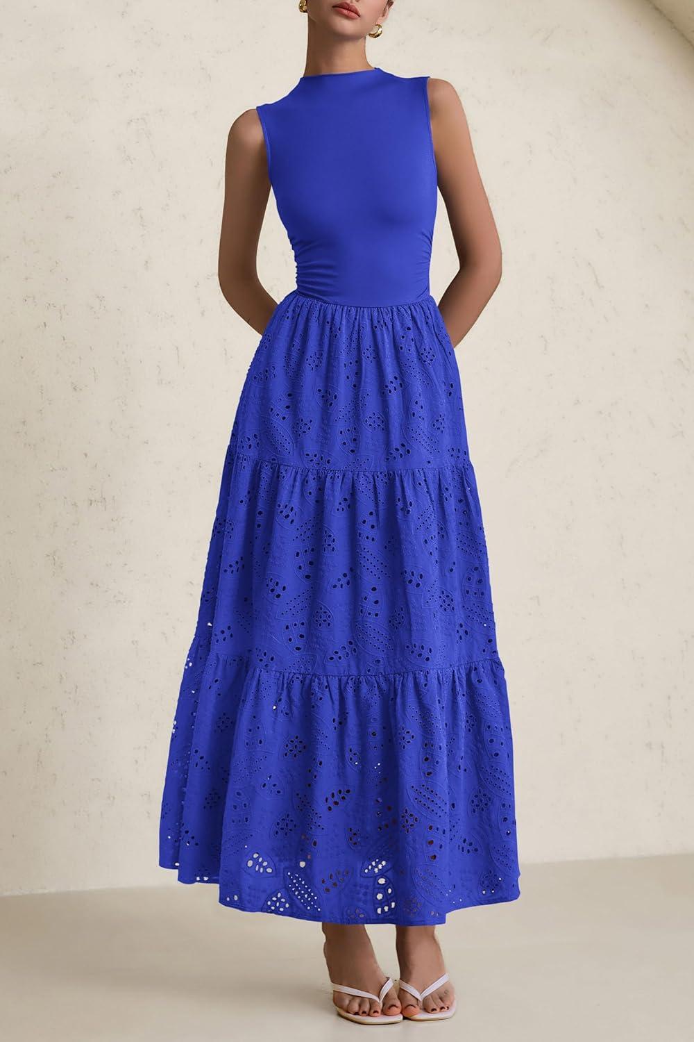 imagePRETTYGARDEN Summer Dresses for Women 2026 Casual Eyelet Sleeveless Wedding Guest Maxi Dress Tank Top Sundress with PocketsRoyal Blue