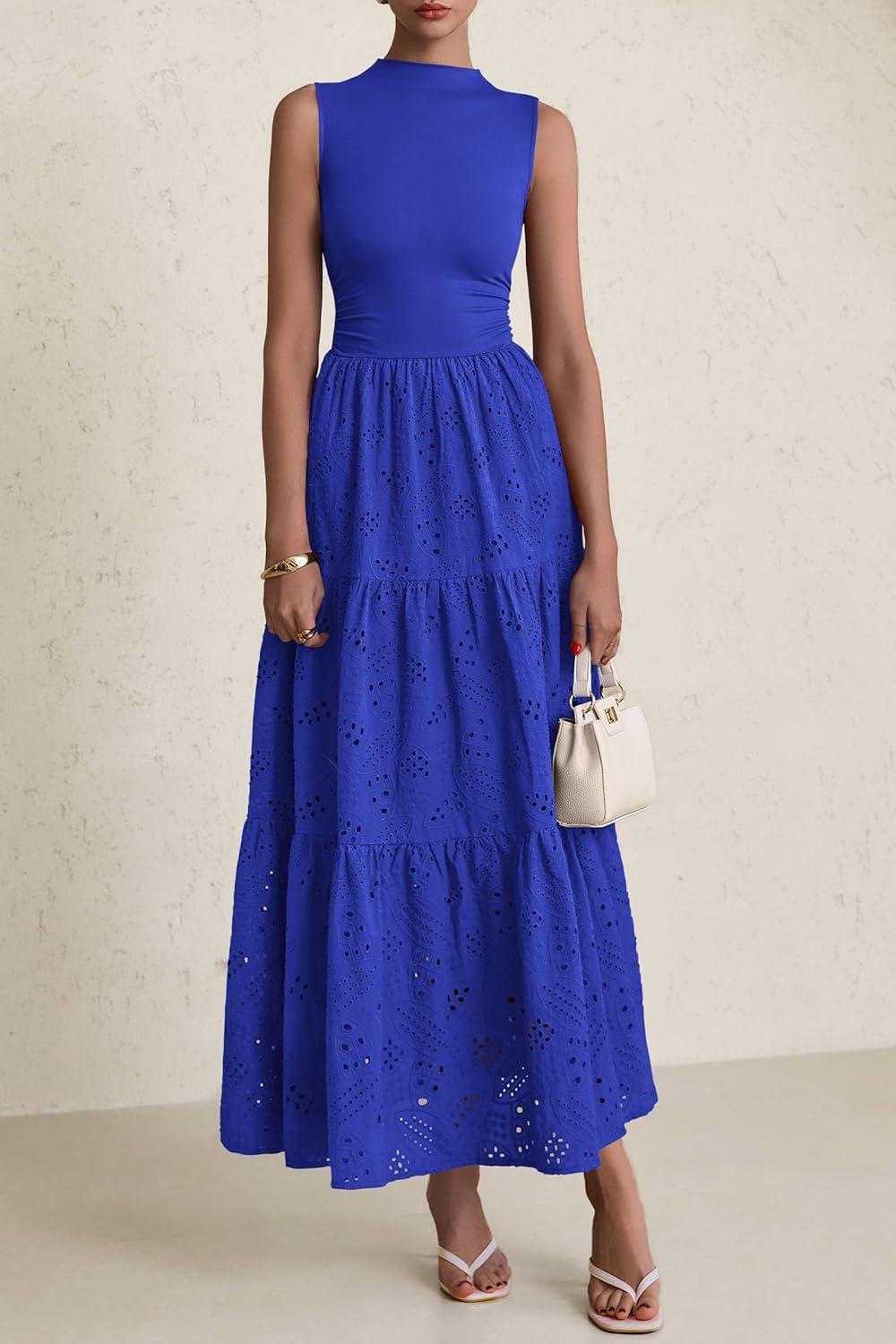 imagePRETTYGARDEN Summer Dresses for Women 2026 Casual Eyelet Sleeveless Wedding Guest Maxi Dress Tank Top Sundress with PocketsRoyal Blue