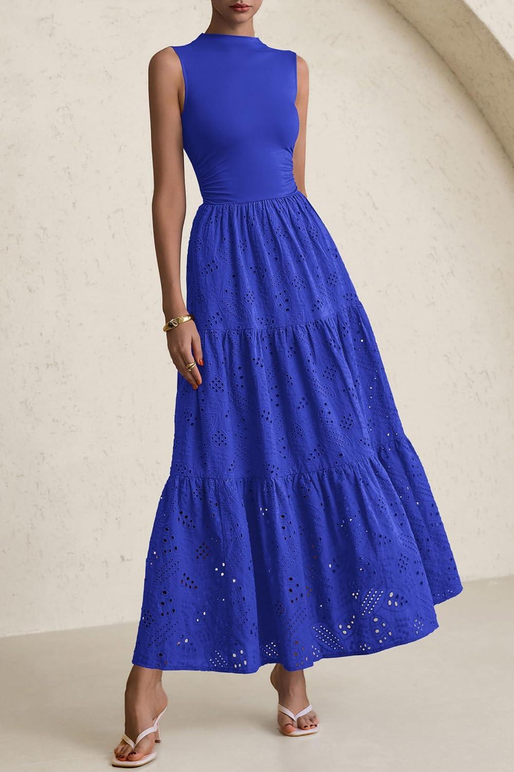 imagePRETTYGARDEN Summer Dresses for Women 2026 Casual Eyelet Sleeveless Wedding Guest Maxi Dress Tank Top Sundress with PocketsRoyal Blue