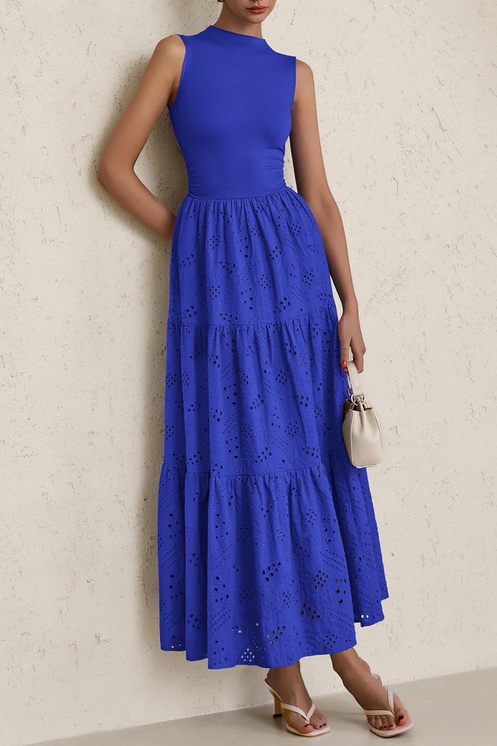 imagePRETTYGARDEN Summer Dresses for Women 2026 Casual Eyelet Sleeveless Wedding Guest Maxi Dress Tank Top Sundress with PocketsRoyal Blue