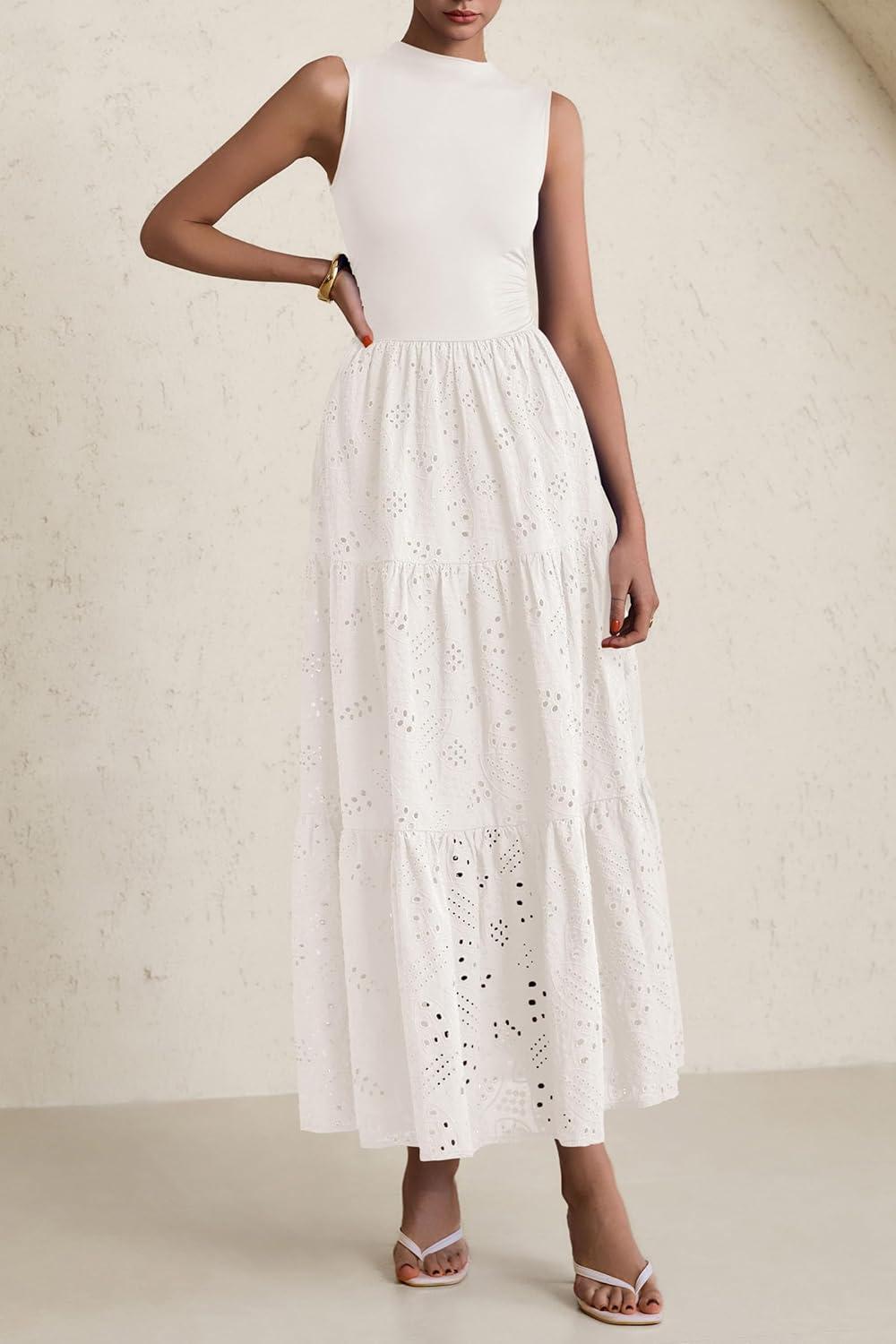 imagePRETTYGARDEN Summer Dresses for Women 2026 Casual Eyelet Sleeveless Wedding Guest Maxi Dress Tank Top Sundress with PocketsWhite