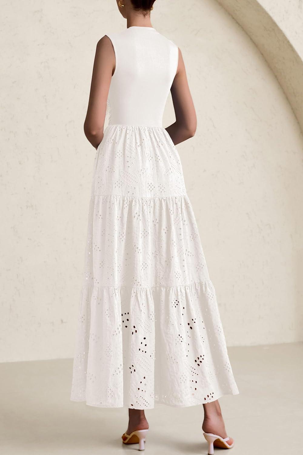 imagePRETTYGARDEN Summer Dresses for Women 2026 Casual Eyelet Sleeveless Wedding Guest Maxi Dress Tank Top Sundress with PocketsWhite