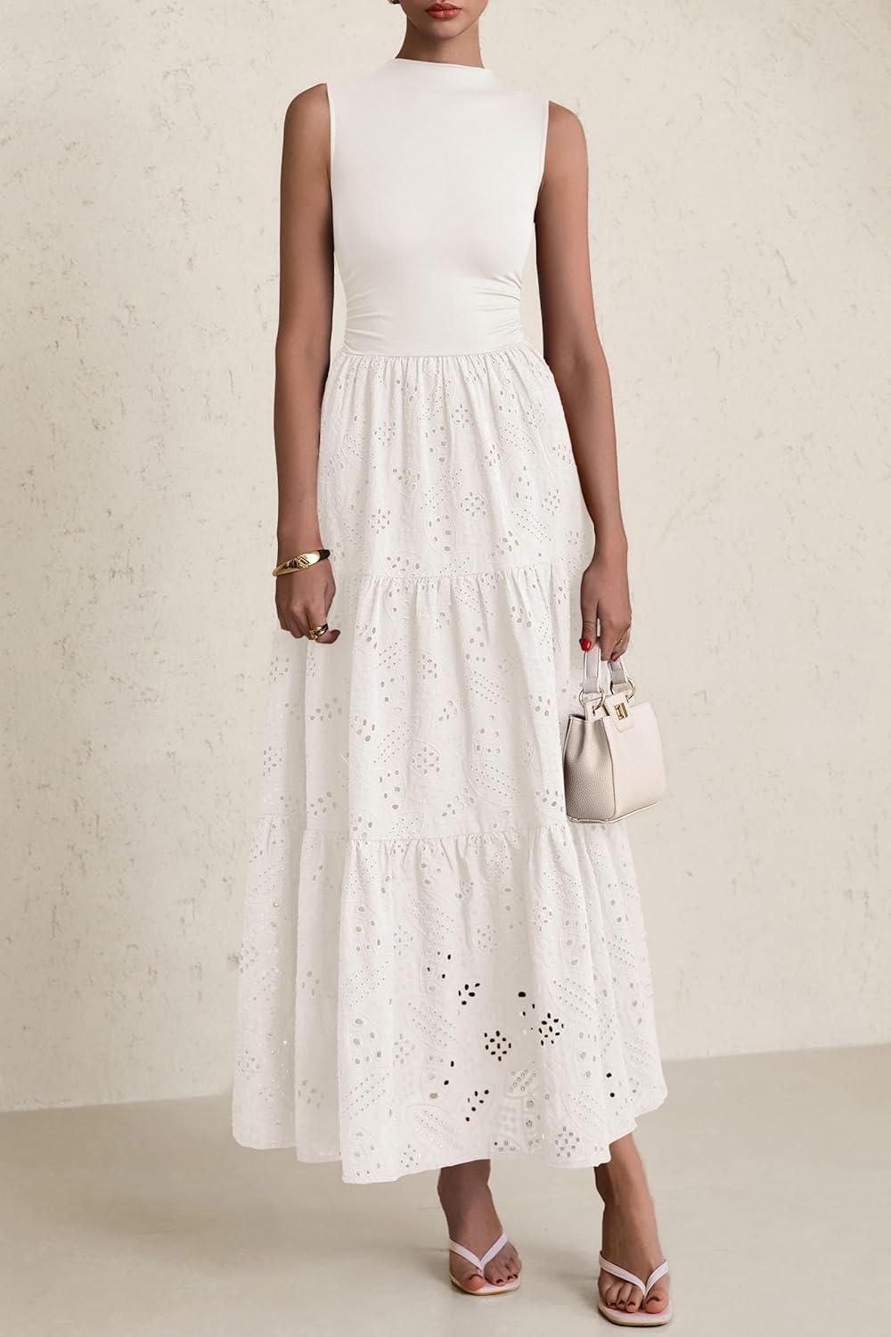 imagePRETTYGARDEN Summer Dresses for Women 2026 Casual Eyelet Sleeveless Wedding Guest Maxi Dress Tank Top Sundress with PocketsWhite