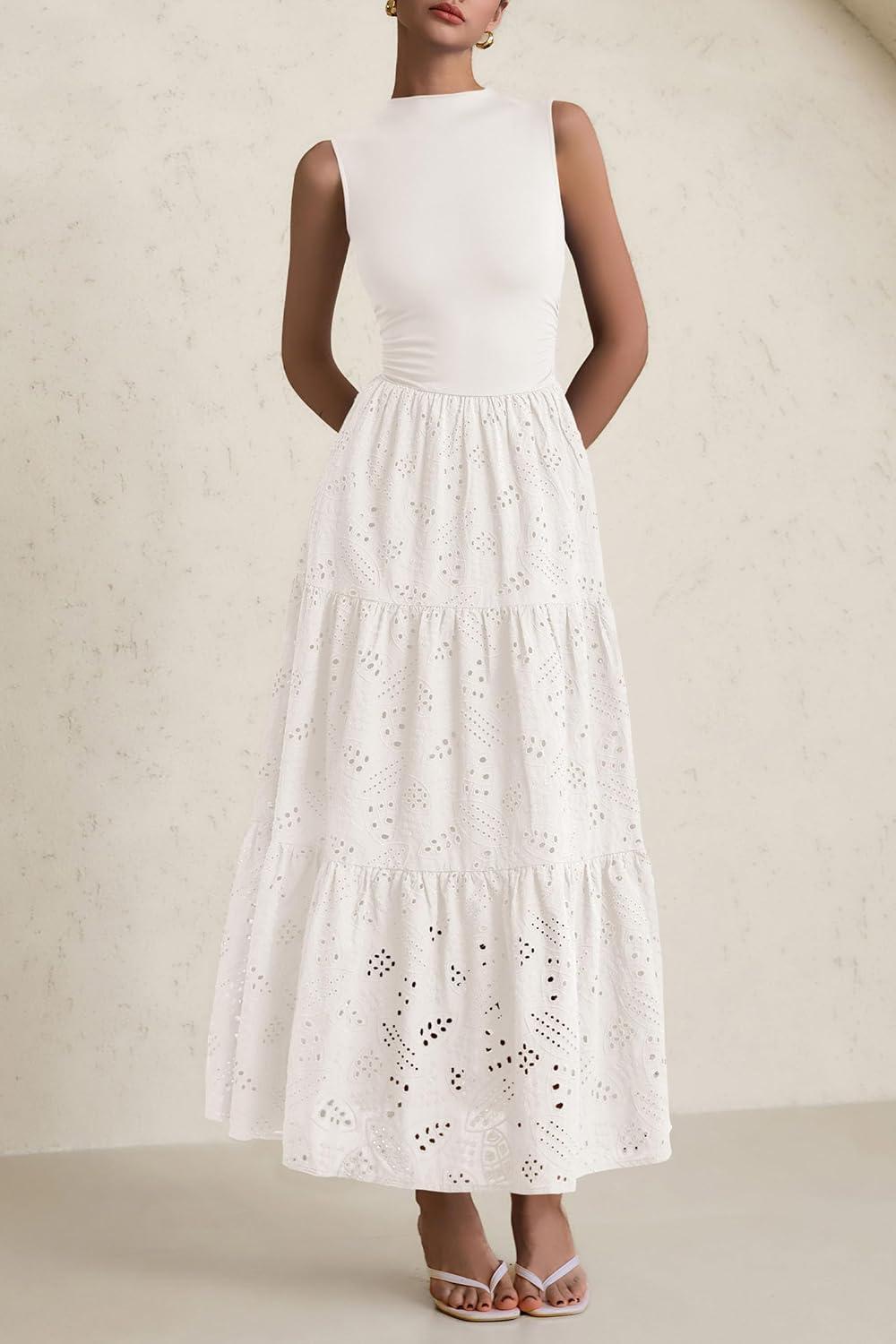 imagePRETTYGARDEN Summer Dresses for Women 2026 Casual Eyelet Sleeveless Wedding Guest Maxi Dress Tank Top Sundress with PocketsWhite