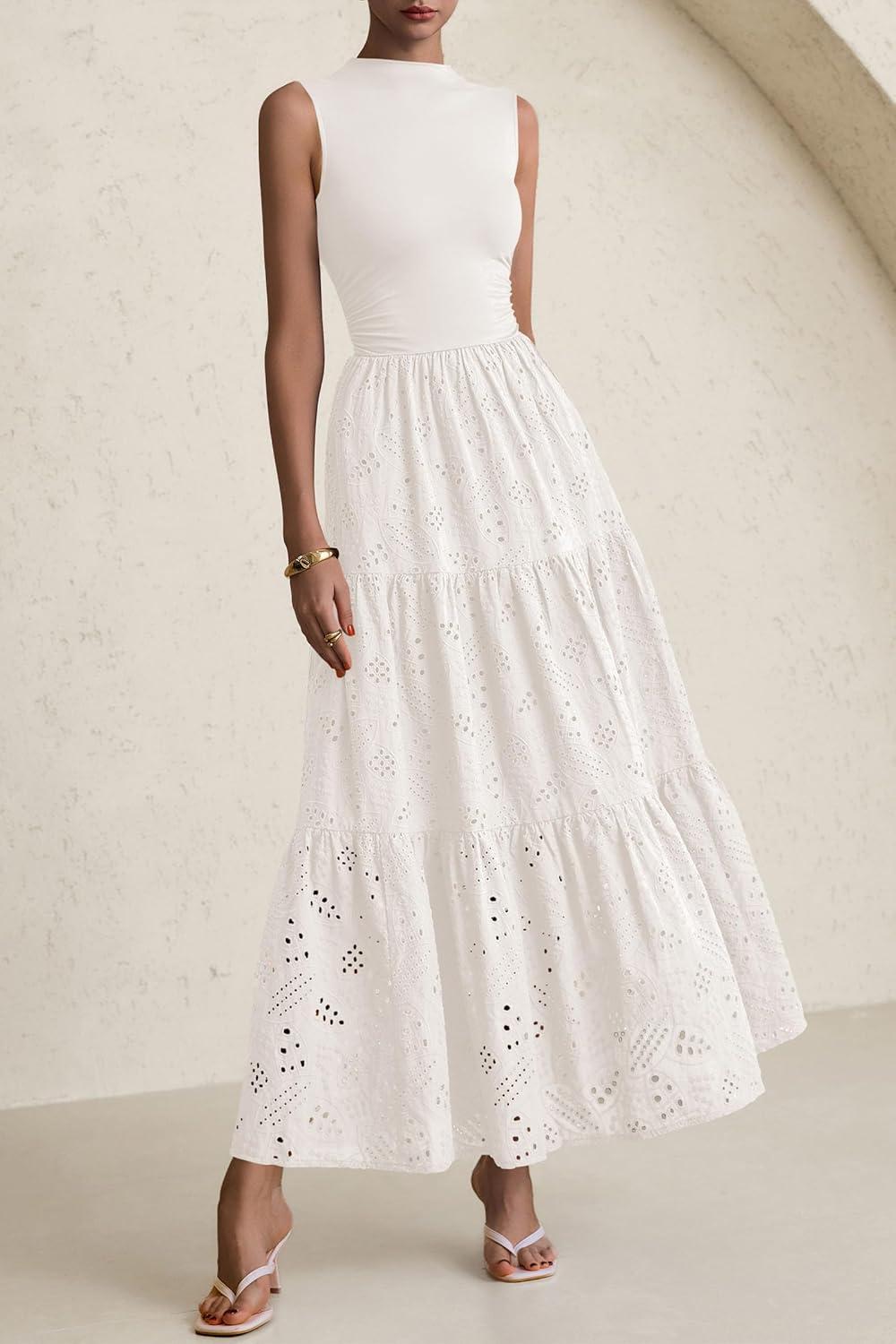 imagePRETTYGARDEN Summer Dresses for Women 2026 Casual Eyelet Sleeveless Wedding Guest Maxi Dress Tank Top Sundress with PocketsWhite