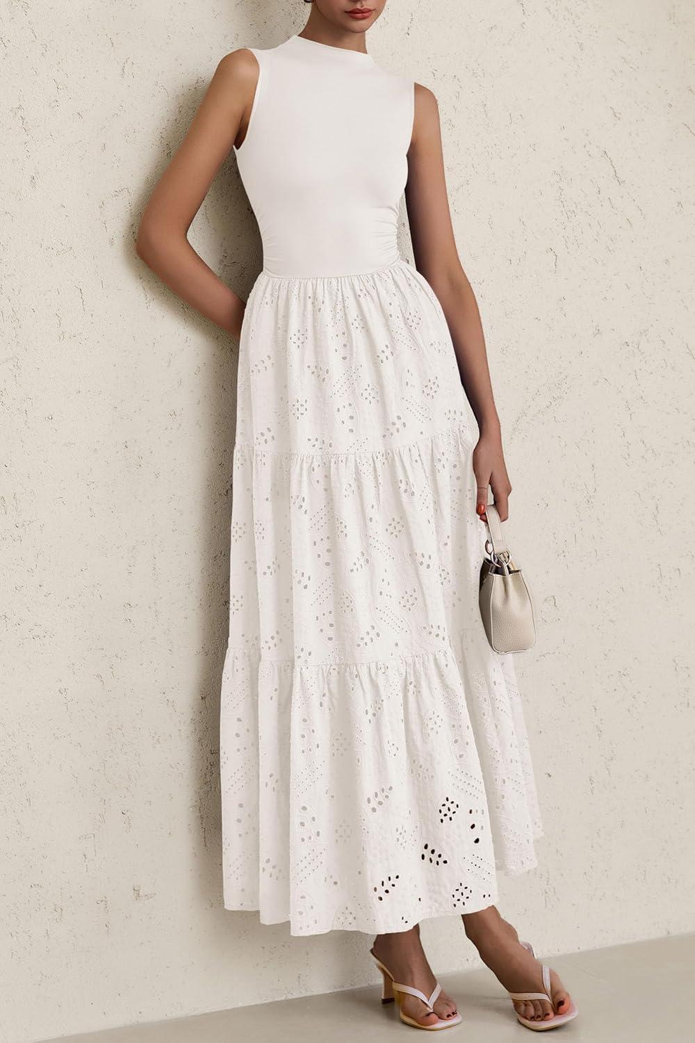 imagePRETTYGARDEN Summer Dresses for Women 2026 Casual Eyelet Sleeveless Wedding Guest Maxi Dress Tank Top Sundress with PocketsWhite