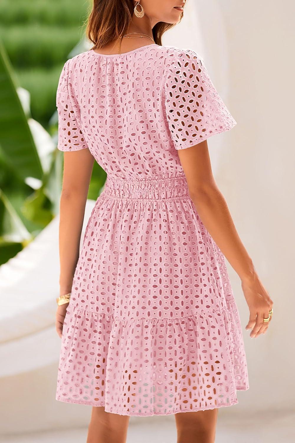 imagePRETTYGARDEN Womens 2026 Summer Short Dress V Neck Short Sleeve A Line Hollow Out Lace Ruffle Cute Casual Beach Party Dresses