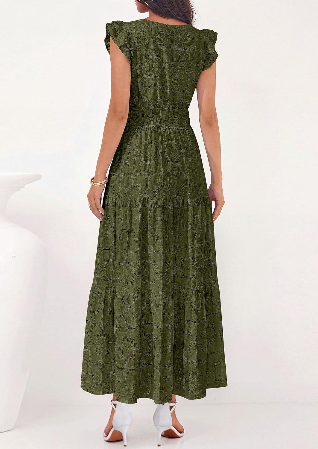 imagePRETTYGARDEN Womens Boho Maxi Dresses 2026 Summer Floral Lace Eyelet V Neck Spring Wedding Guest Dress Beach Vacation ClothesArmy Green
