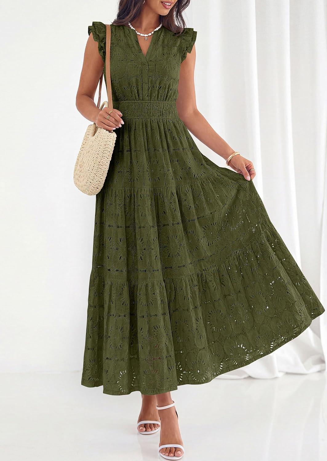 imagePRETTYGARDEN Womens Boho Maxi Dresses 2026 Summer Floral Lace Eyelet V Neck Spring Wedding Guest Dress Beach Vacation ClothesArmy Green