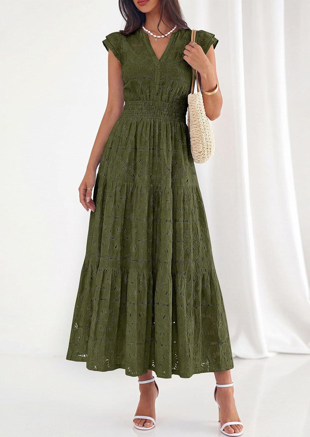 imagePRETTYGARDEN Womens Boho Maxi Dresses 2026 Summer Floral Lace Eyelet V Neck Spring Wedding Guest Dress Beach Vacation ClothesArmy Green